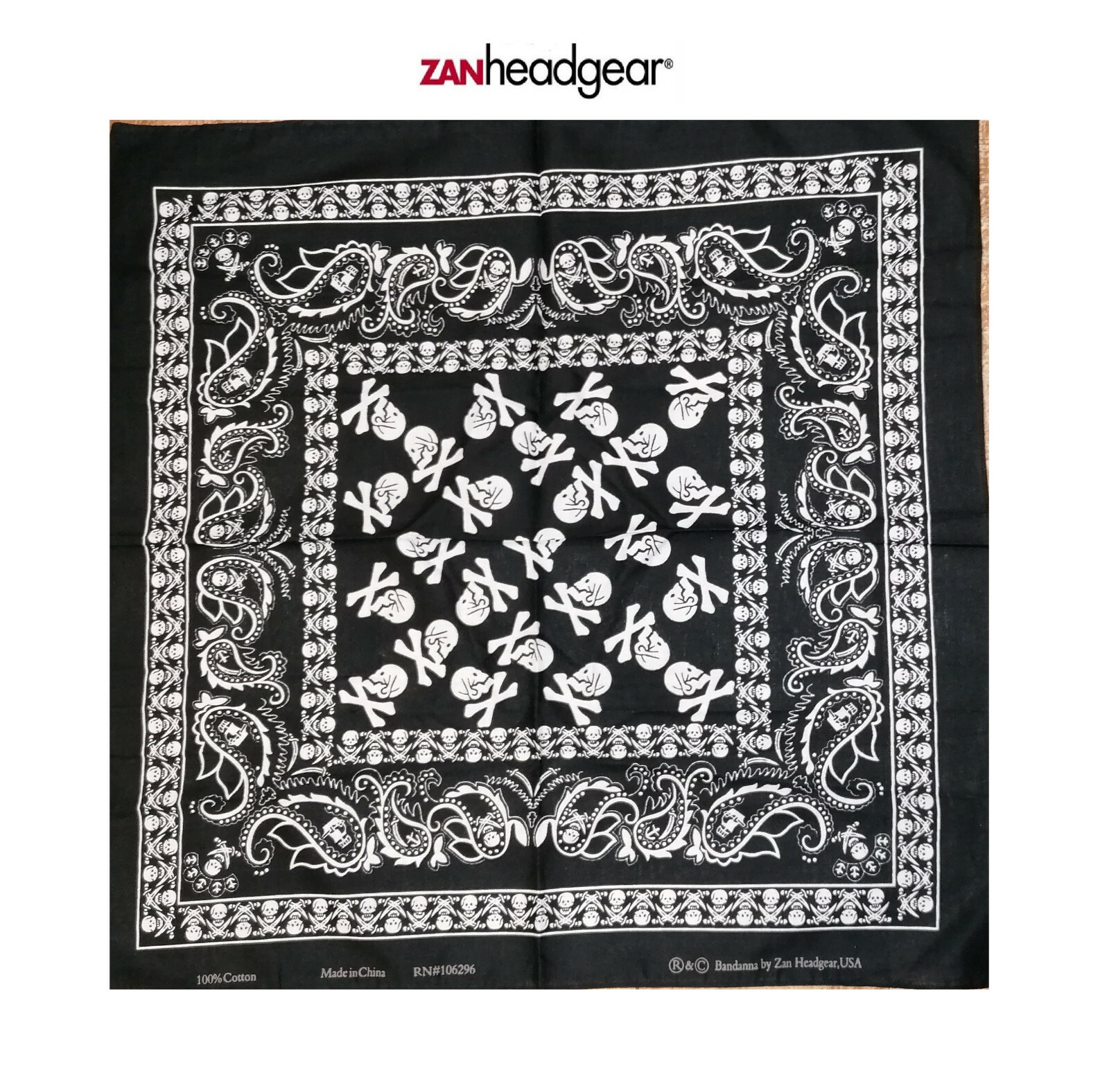 Bandana Zanheadgear B140 100% Cotone | Motivo Teschi, 55,9 X 55,9 Cm, Orlo Cucito