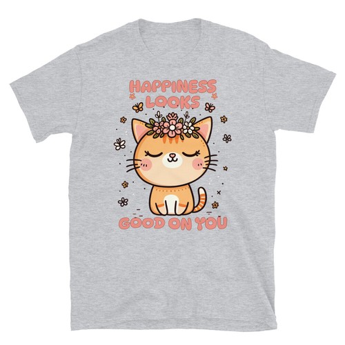 Floral Cat T-shirt - Happiness Looks Good On You Inspirational Quote Shirt - Picture 28 of 29