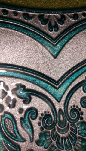 Metal Bowl Floral Embossed Mandala Silver Aqua Chartreuse Blue LG 15-5/8" W - Picture 19 of 20