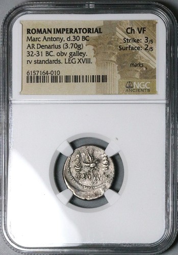 32 BC NGC Ch VF Marc Antony Denarius Legion XVIII Roman Galley (25042001D) - Imagen 5 de 6