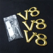 V8 Golden Chrome Metal Grille Emblem + 2x Sticker Badge Decal Racing Car AWD SUV