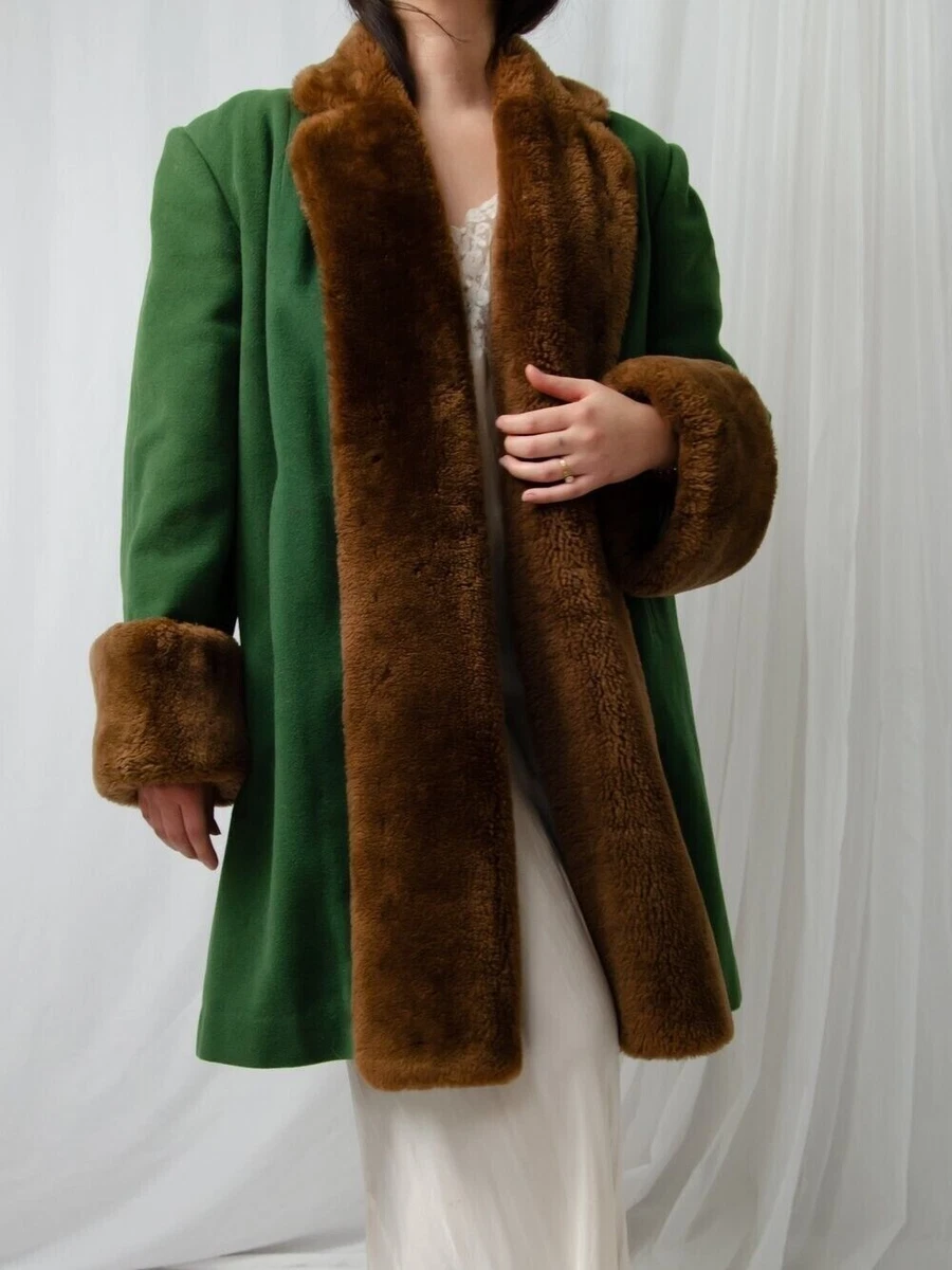 Antique 40s Emerald Green Wool Mouton Fur Coat, Old Hollywood Glamour -  Large