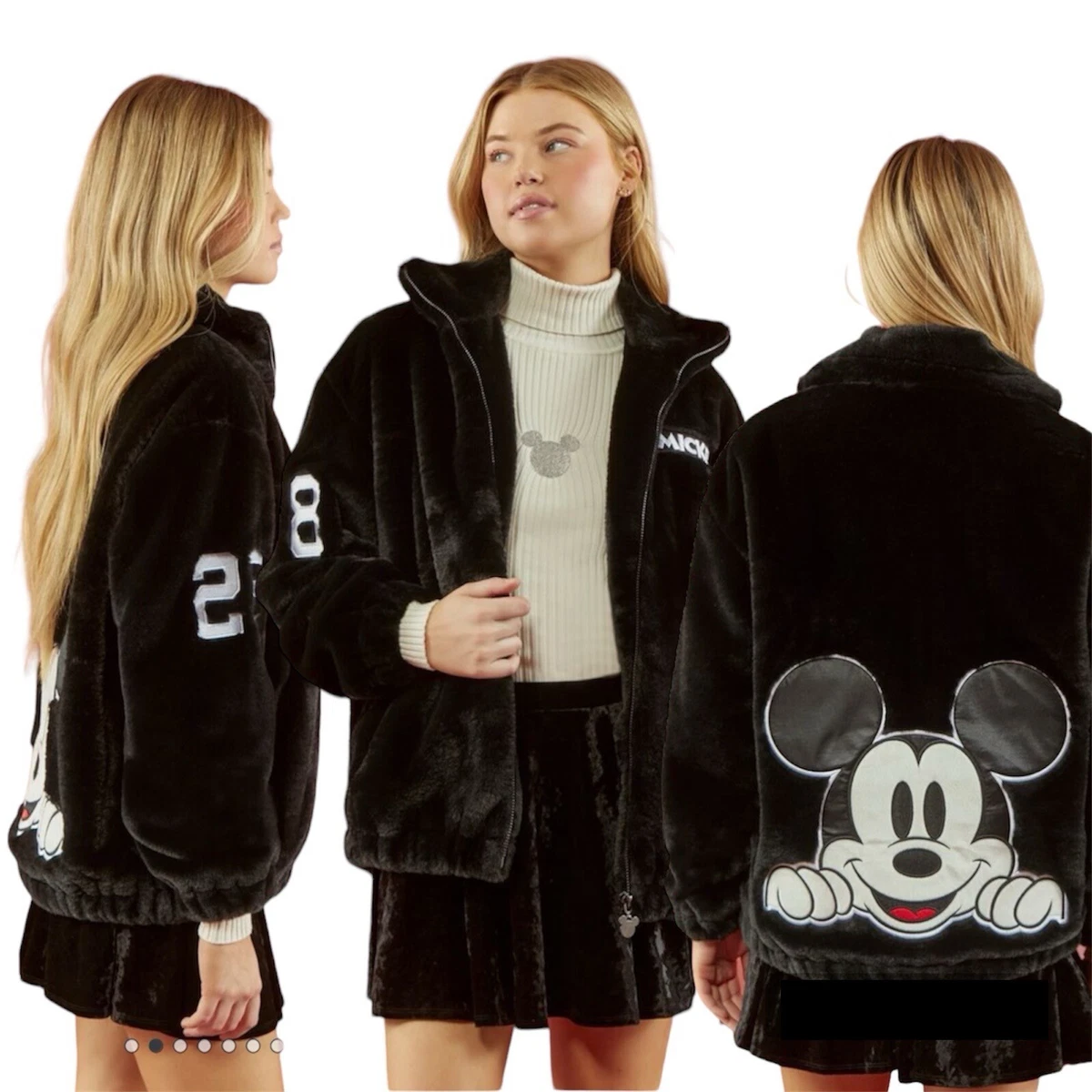 New DISNEY x FOREVER 21 Mickey Mouse Black Faux Fur Jacket XL