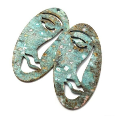 6ps Face oval blue charm Brass earring necklace finding Metal pendant DIY 576