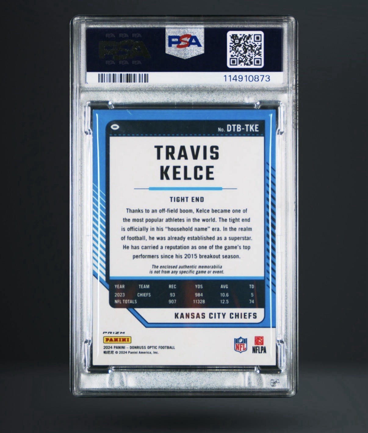 2024 PANINI DONRUSS OPTIC DONRUSS THREADS DTBTKE TRAVIS KELCE JERSEY PSA 10 view 2