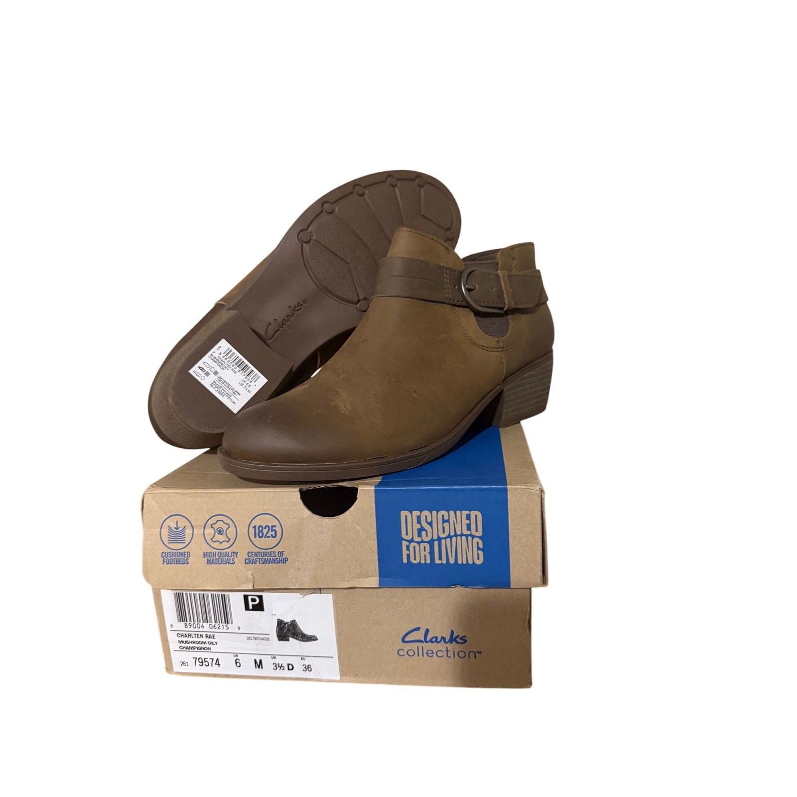 Clarks Charlten Rae Ankle Boots Womens 6 Mushroom Oily Leather Comfort New Box