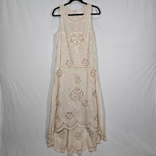 TRYB-Anthropologie BEIGE Embroider Drop-Waist Hi-Low Hem Flowy Maxi Dress Sz. S