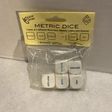 Koplow Metric Dice 2 sets of 3 different word dice, Meters, Liters & Grams