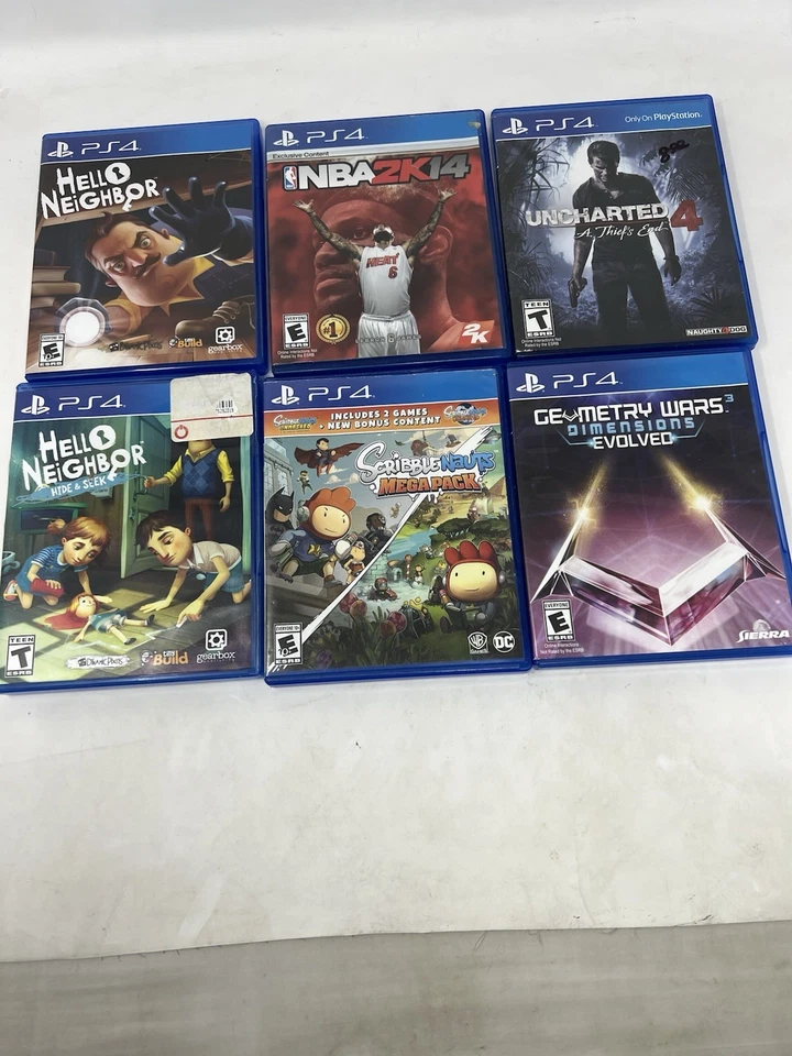 6 Game Lot PS4 UNCHARTED 4 Hello Neighbor Geometry Wars Scibblenauts NBA 2K14 - Image 2 of 2
