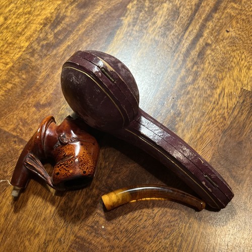 vintage meerschaum man head tobacco pipe with amber stem and case used Very Rare - Picture 18 of 18