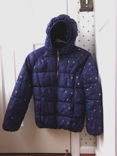 FLAW Girls Puffer Jacket L Old Navy Blue Gold Star Pattern Size 10-12 Large Hood