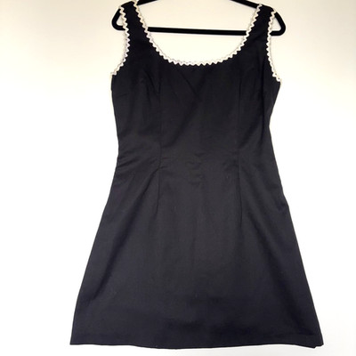 Vintage Jill Stuart Black Mini Dress White Trim 90s USA Cotton Poly Womens 12