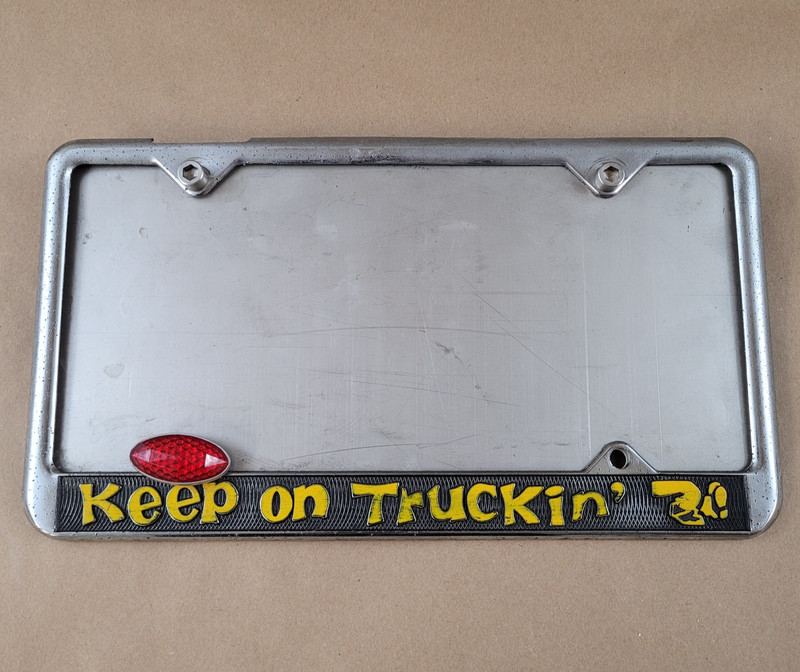 Vintage Keep On Truckin' License Plate Frame Metal w/Backing Plate & Reflector