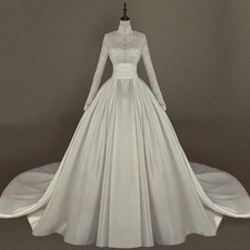 Long Sleeved Satin Wedding Dress With Lace Embroidery Nail Bead Embroidery