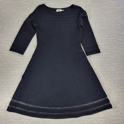Eliza J Fit & Flare Midi Dress M Black 3/4 Sleeve Textured Banded Knit Stretch