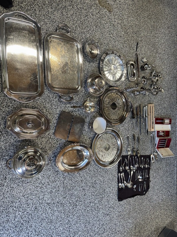 Mixed Lot of Silverplate Serveware & Flatware, trays, candlesticks. SOLD AS LOT!