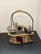 Decorative Basket Black Wire & Wicker Round w/ Handle & Leaves Heavy Metal Heart