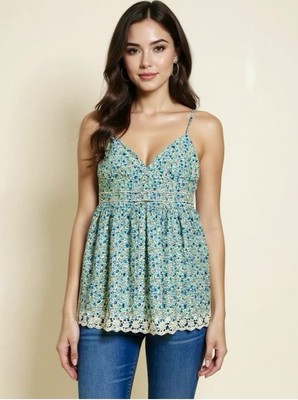 Y2K Miss Me Babydoll Cami Top Floral Lace Trim Cottagecore Chic Boho Fairycore