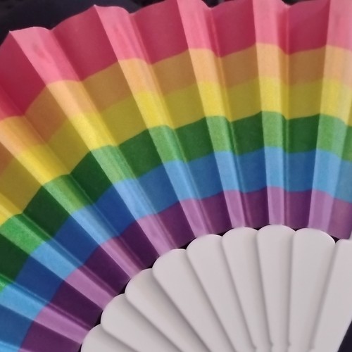 Rainbow Folding Hand Fan, White Plastic Handle, Multicolor