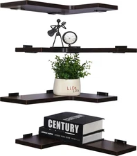 Set of 4 Corner Floating Shelves Wall Mounted Display Dark Brown Wood Finish