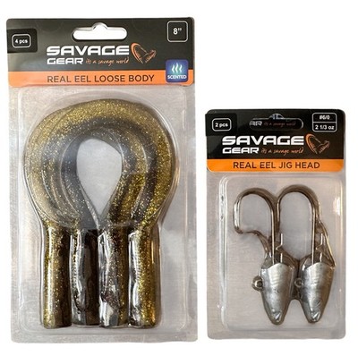 KIT Savage Gear Real EEl (4) 8'' Bodies + 2) Real EEl Jig Heads 2- 1/3oz Blk Gold