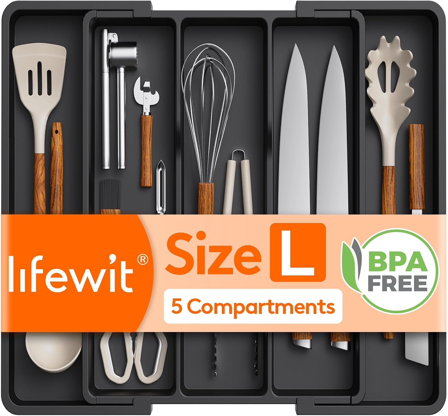Utensil Drawer Organiser, Extendable Cutlery Tray for Kitchen, Adjustable Silver