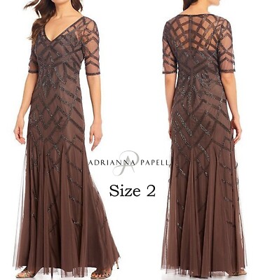 NWT Adrianna Papell Women's  Embellished Mesh Dark Mink Color Gown  Size 2