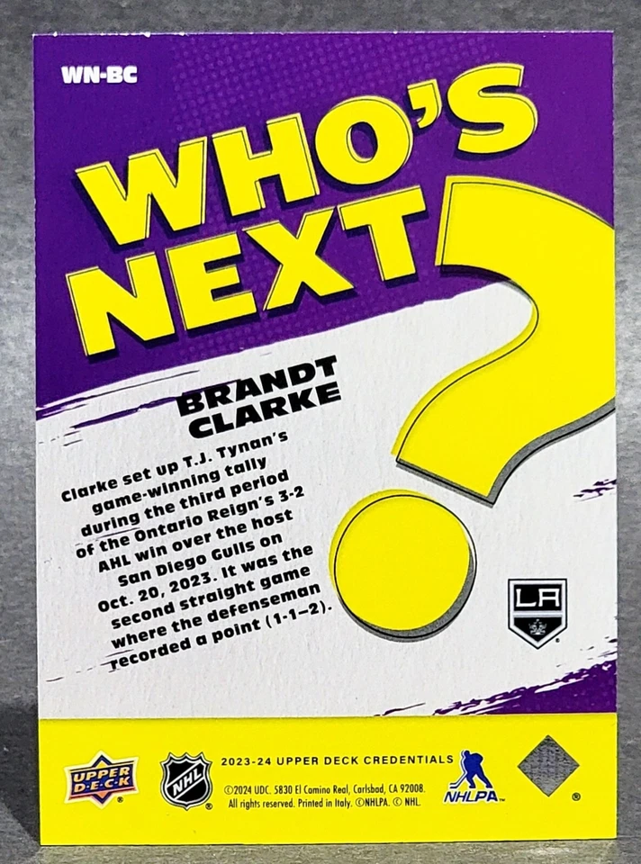 2023-24 Upper Deck Credentials Who’s Next #WN-BC Brandt Clarke - Image 2 of 2