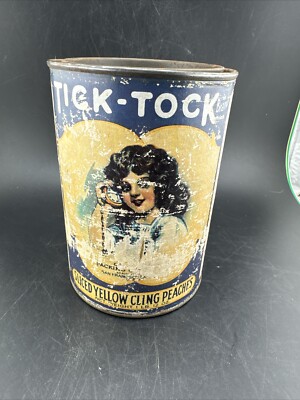 VINTAGE KITCHEN 4 1/4'' HIGH TICK-TOCK CLING PEACHES TIN CAN BANK 
