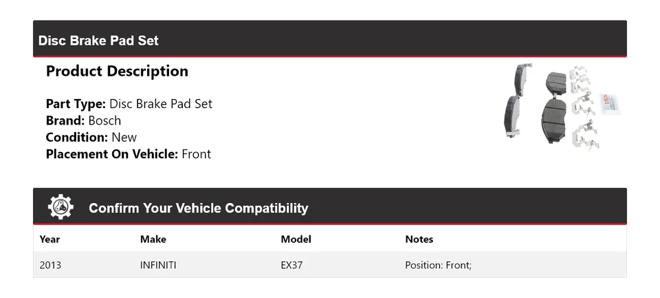 Pastillas de freno de cerámica azul con herrajes delanteros Infiniti Ex37 Bosch 2013 Foto 2 de 4