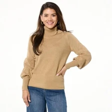 C Wonder by Christian Siriano Button Collar Turtleneck Sweater Size XS Camel Tan
