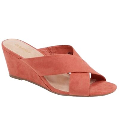 Old Navy Faux Suede Cross Strap Coral Wedge Sandals Slides Desert Rose Orange 8