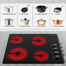 21 In Electric Radiant Cooktop 4Burner Built-In Ceramic Glass Stove Knob Control