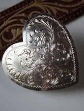 Vintage Western Cowgirl Etched Heart Belt Buckle Sterling Silver on Nickel SSS