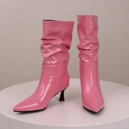 Halbhohe Damenstiefel Pfennigabsatz spitz zulaufend glänzendes Leder zum Überziehen Damen Bootie - Bild 17 von 23