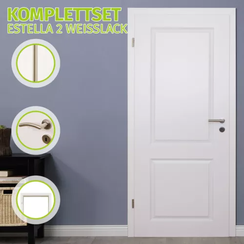 HORI Zimmertür Komplettset Innentür inkl. Zarge + Türgriff - Estella 2 Weißlack
