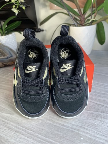 Nike Air Max 90 Crib CI0424-018 Rare BLACK/GOLD Baby Bootie Shoes Sz 2c NEW+Box - Picture 6 of 12