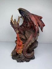 Perched Red Fire Breathing Winged Dragon Skull Figure Sculpture Horns Mystical