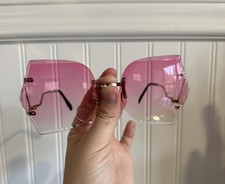 VTG 70s Rimless Butterfly Sunglasses Gradient Pink Lens Retro Mod