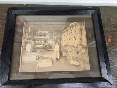 Wonderful Butcher Shop early 1900s photograph w/ original frame lots going on.