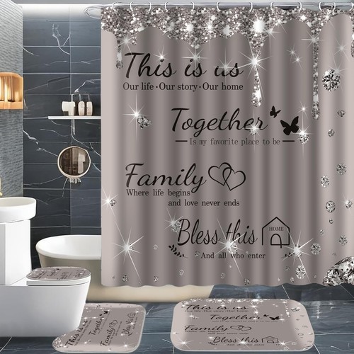 4Pcs Family Shower Curtain Sets with Non-Slip Rugs, Toilet Lid Cover and Bath...