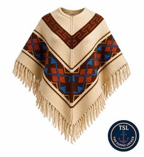 Vintage Knit Poncho Southwestern Fringe Acrylic One Size Boho Aztec Pattern