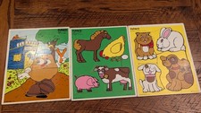 3 1985 Playskool Wood Frame Tray Puzzles Farm Animals My Pet Spike Potato Head