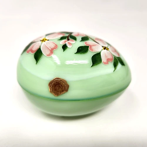 VTG Westmoreland Jadeite Egg Trinket Box Green GlassHand Painted Flowers