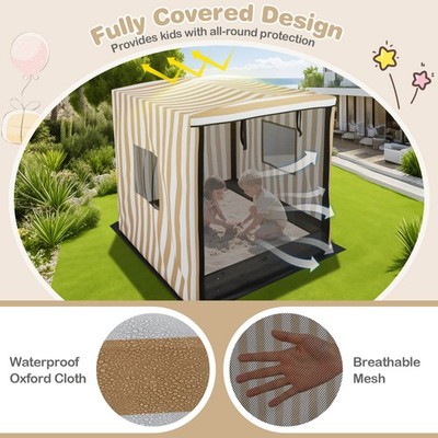 Kids Wooden Sandbox w/Canopy Mesh Door Windows Bench Seats Foldable Storage Box