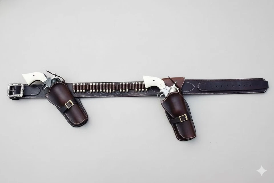 Cowboy Western Leather Gun Holster with Belt For Dual Revolver Rig .22 .44 .45 - Image 3 of 4