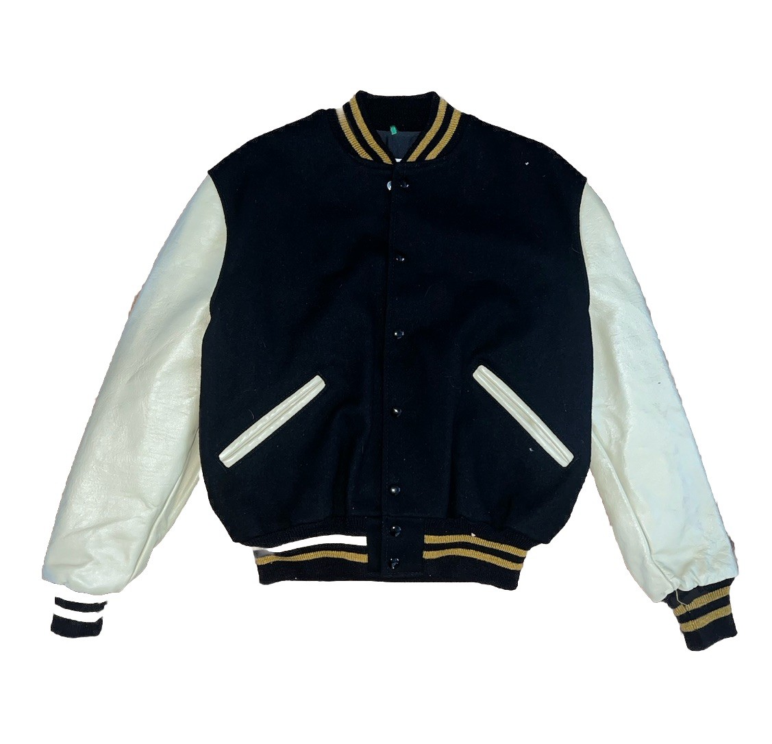 Vintage 90s DeLong Wool Blend Letterman Varsity Jacket Size Large USA Made Black