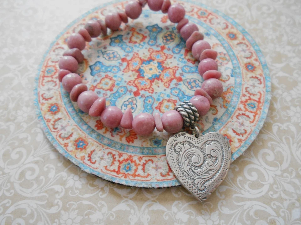 Pulsera Carolyn Pollack Sterling Grabado Corazón Rodonita Cuentas Elástica B42-1 Foto 2 de 4