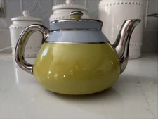Vintage Art Deco Fraunfelter Ohio Yellow and White Silver Ceramic Tea Pot