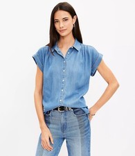 Loft Women's Chambray Dolman Blouse XS Petite NWT Cap Sleeves Blue Top Shirt